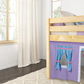Natural wood children's bunk bed with purple play-tent panel and blue tie-back curtains beside a large window with sheer neutral drapes and textured beige rug