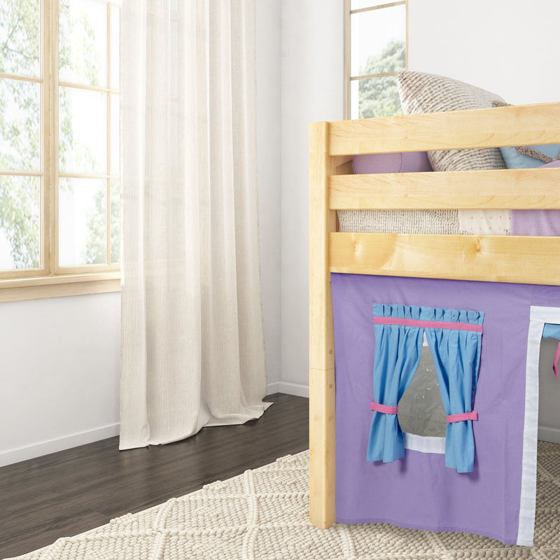 Natural wood children's bunk bed with purple play-tent panel and blue tie-back curtains beside a large window with sheer neutral drapes and textured beige rug
