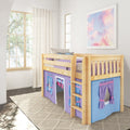 Natural wood loft bed with purple play‑tent curtains in a bright kids' bedroom by a large window and pastel cloud wall art