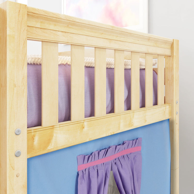 Maple wood bunk bed guardrail with vertical slats, purple bedding and blue fabric storage pocket — children's loft bed safety rail