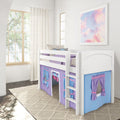 White wooden loft bed with purple and blue play-tent curtains and ladder in bright children's bedroom with sheer window curtains, pastel cloud wall art and textured rug