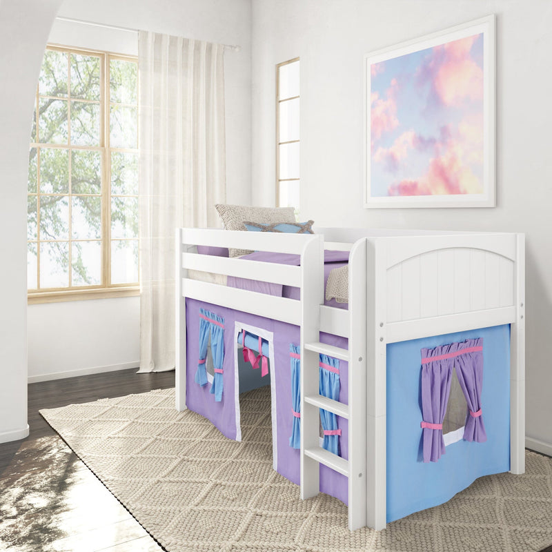 White wooden loft bed with purple and blue play-tent curtains and ladder in bright children's bedroom with sheer window curtains, pastel cloud wall art and textured rug