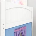 White wooden bunk bed safety guardrail with arched slat panel and blue fabric storage pocket for kids' room