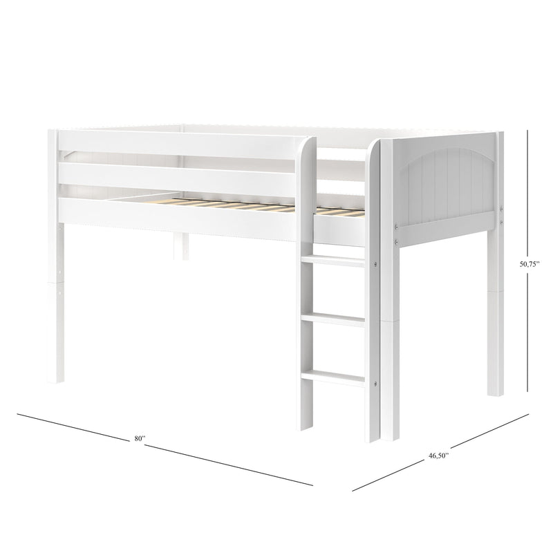 White twin wooden loft bed with ladder and guard rails, slatted mattress support and space-saving raised design for kids and teens (80" x 46.5" footprint, 50.75" height)