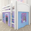 White wooden twin loft bed with ladder and purple-blue playhouse curtains, kids bunk bed for space-saving children's bedroom furniture