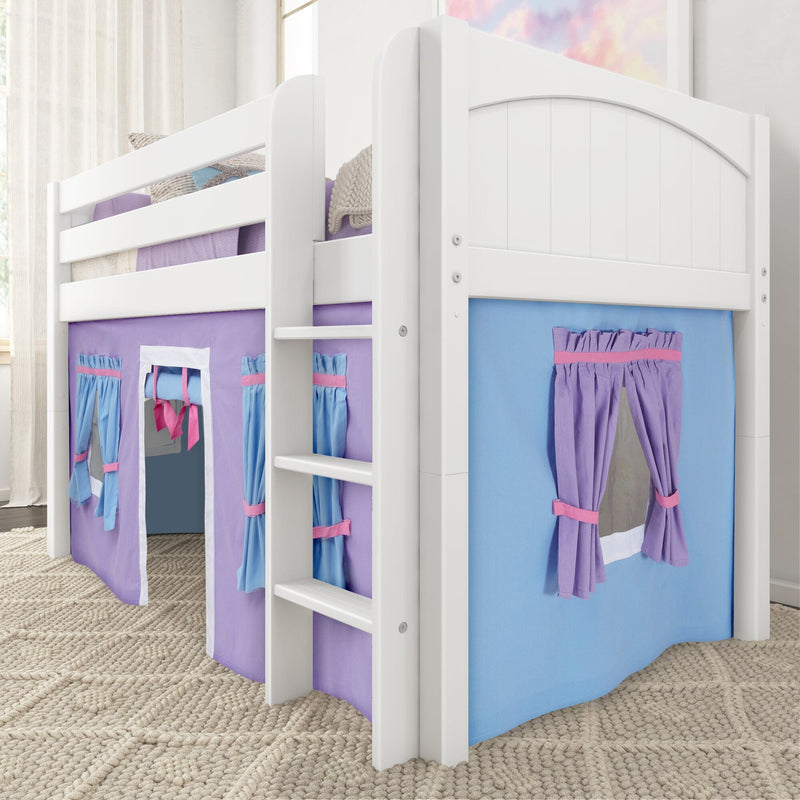 White wooden twin loft bed with ladder and purple-blue playhouse curtains, kids bunk bed for space-saving children's bedroom furniture