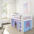 Bright nursery with white children's loft bunk bed and ladder, purple bedding and blue playhouse curtains, large wood-frame window with sheer curtains, pastel cloud wall art and cream textured rug