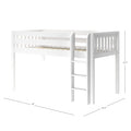 White wooden loft bed with ladder and slatted guardrails, solid wood slat base for twin mattress, 80" L x 46.5" W x 50.75" H