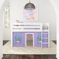 White wooden loft bunk bed with purple playhouse curtains, pastel cloud wall art, woven pendant lamp and textured rug in modern kids bedroom
