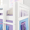 Close-up of white wooden bunk bed with purple bedding, chunky knit throw and blue fabric storage pockets in a modern children's bedroom