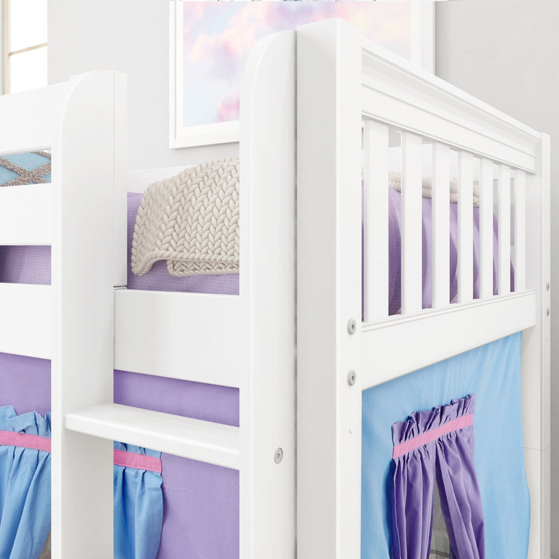 Close-up of white wooden bunk bed with purple bedding, chunky knit throw and blue fabric storage pockets in a modern children's bedroom