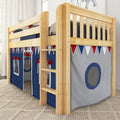 Natural maple wooden kids loft bunk bed with ladder, navy blue playhouse curtains, red‑white‑blue pennant bunting and textured beige rug in a children's bedroom