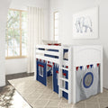 Sunlit modern children's bedroom featuring a white nautical-themed bunk bed with navy play-tent panels, elephant wall art, neutral textured rug, and sheer window curtains