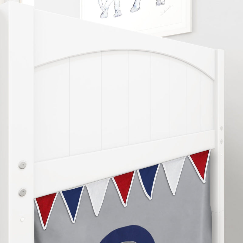 Close-up of a white wooden bunk bed headboard with red, white, and blue pennant bunting on gray fabric nursery décor