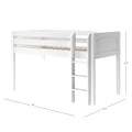 White wooden loft bed with ladder and safety guardrails, slatted mattress support for a twin mattress, modern kids high-sleeper bed — 80" L x 46.5" W x 50.75" H