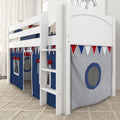White wooden loft bunk bed with ladder and navy blue playhouse tent skirt, gray circular window and red-white-blue pennant bunting in a children's bedroom on a textured beige rug
