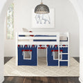 White loft bunk bed with navy play-tent skirt, red-and-white bunting, elephant wall art and woven pendant lamp in bright modern kids bedroom