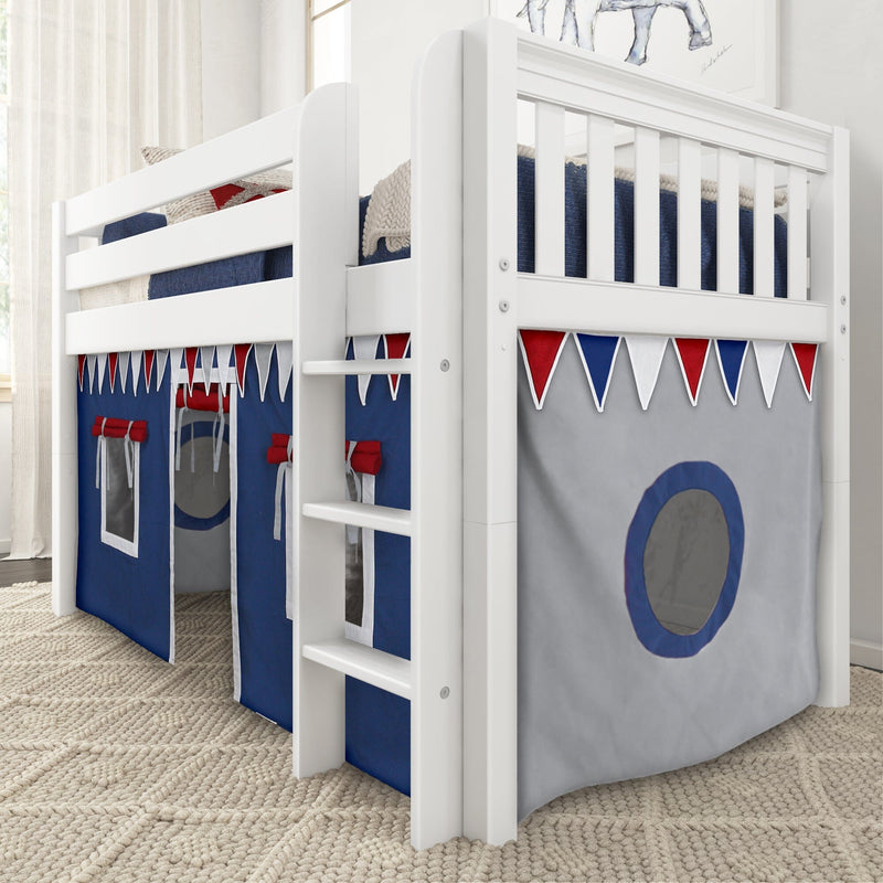 White wooden kids loft bed with ladder, navy blue playhouse curtains and red-white-blue pennant bunting, knit blanket on beige rug