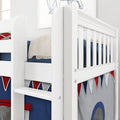 White wooden bunk bed with ladder, navy bedding, chunky knit blanket and red-white-blue pennant bunting in a child's room