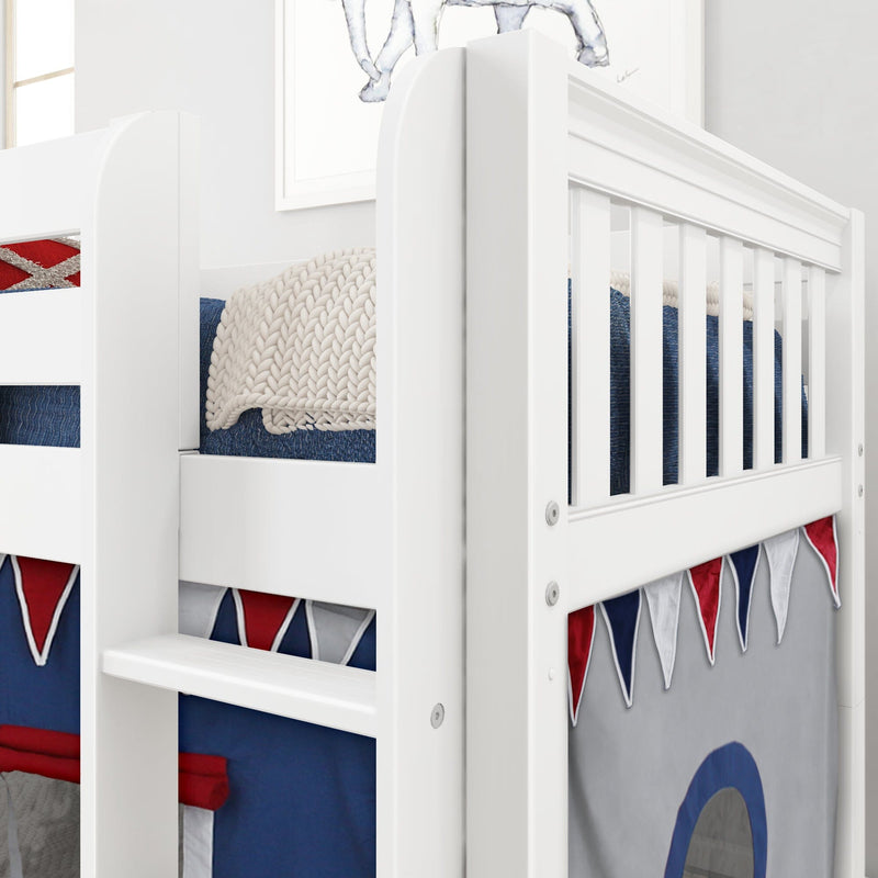 White wooden bunk bed with ladder, navy bedding, chunky knit blanket and red-white-blue pennant bunting in a child's room