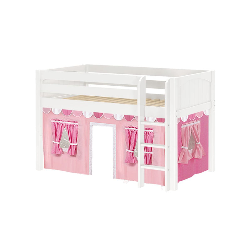 White wooden loft bed with ladder and pink playhouse-style curtains, toddler and kids loft bed for girls, space-saving children's bedroom furniture