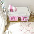 White wooden loft bed with pink playhouse curtains, ladder and pink-and-white pillows next to bookshelf and cream patterned rug in girl's bedroom