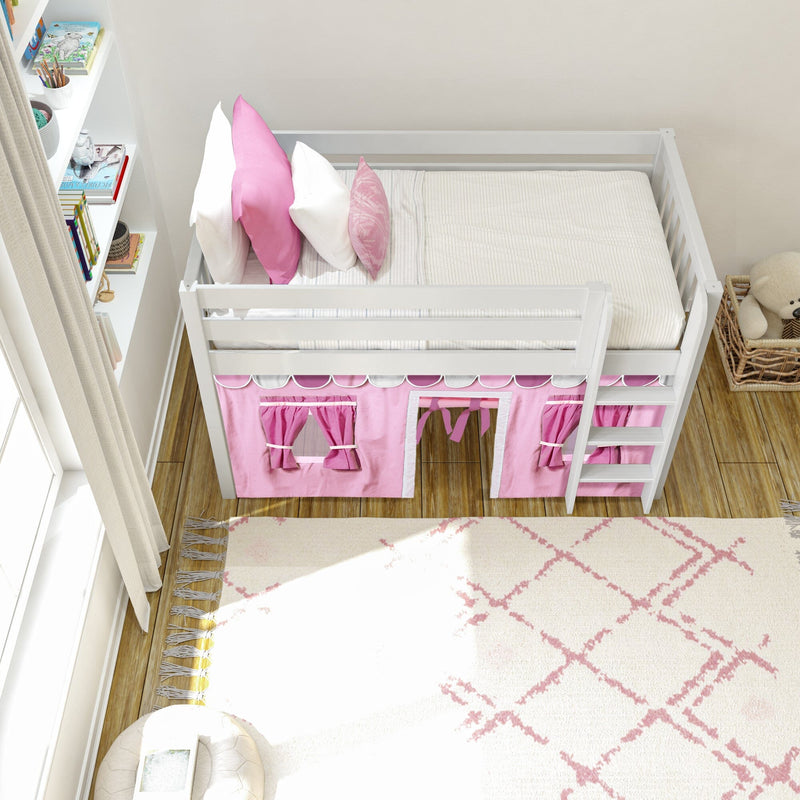 White wooden loft bed with pink playhouse curtains, ladder and pink-and-white pillows next to bookshelf and cream patterned rug in girl's bedroom