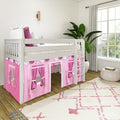 White wooden loft bed with pink playhouse curtains, accent pillows, indoor plant and large window in a modern kids' bedroom