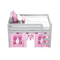 Girls loft bed with pink playhouse curtains, white wooden frame and ladder, striped mattress and pink and white pillows