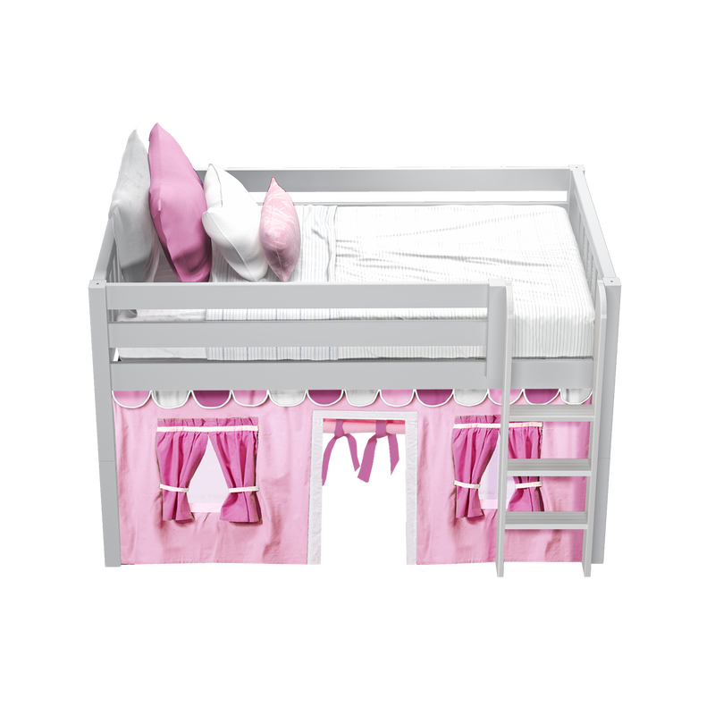 Girls loft bed with pink playhouse curtains, white wooden frame and ladder, striped mattress and pink and white pillows