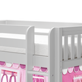 White wooden loft bed with guard rails and ladder above pink playhouse tent with scalloped awning, modern children's bunk bed furniture