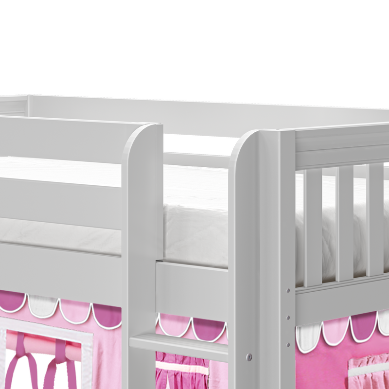 White wooden loft bed with guard rails and ladder above pink playhouse tent with scalloped awning, modern children's bunk bed furniture
