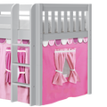 White wooden loft bed with ladder and slatted guardrail, pink fabric play-tent curtains with scalloped valance and bows for girls’ bedroom and kids’ under-bed play area