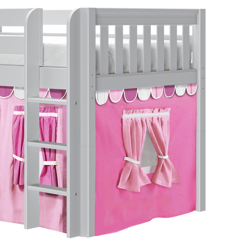 White wooden loft bed with ladder and slatted guardrail, pink fabric play-tent curtains with scalloped valance and bows for girls’ bedroom and kids’ under-bed play area