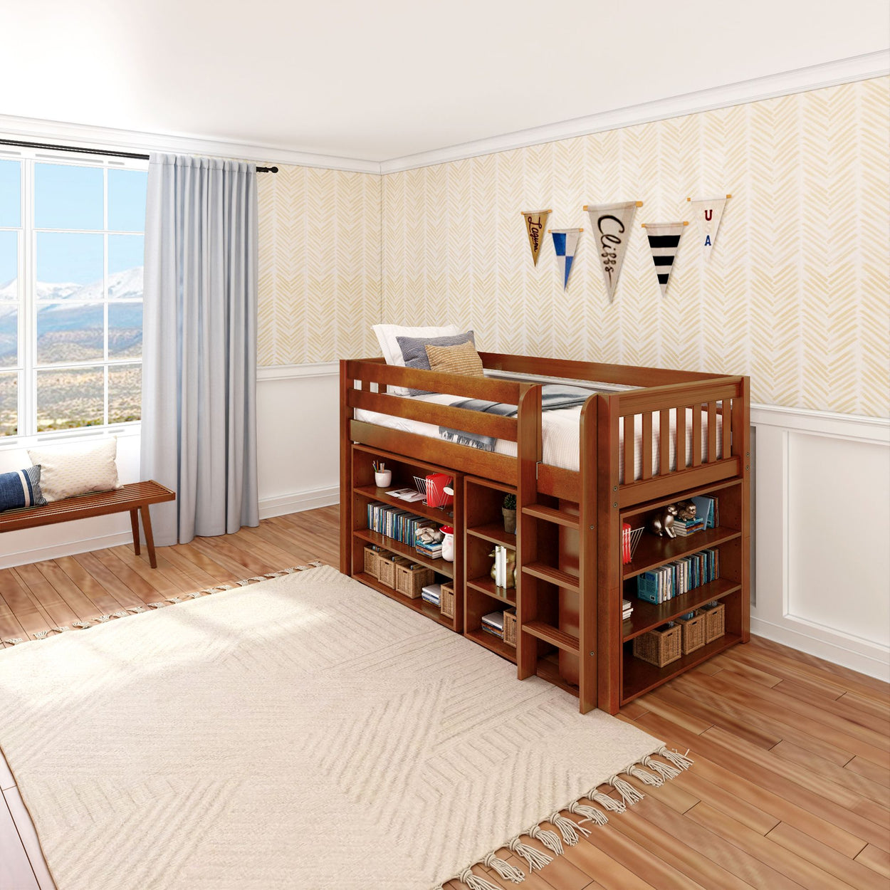 Loft bed with built-in shelves in a modern kids' room featuring hardwood floors and neutral decor.
