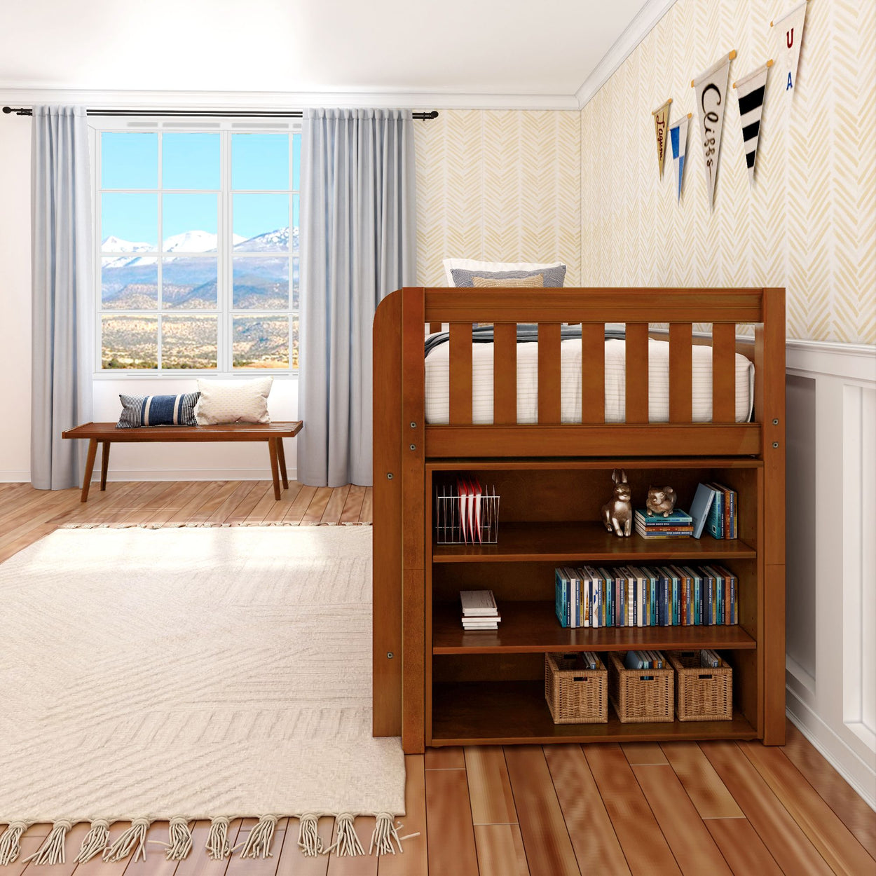 Cozy kids room with wooden loft bed and storage shelves, featuring a scenic mountain view through a large window.