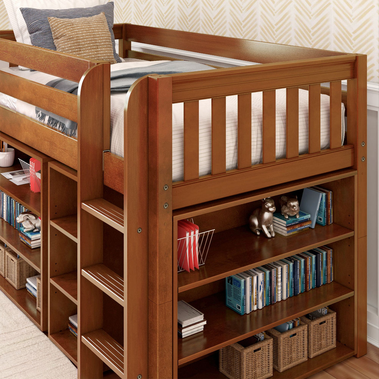 Wooden loft bed with built-in bookshelves and storage solutions for small bedrooms.