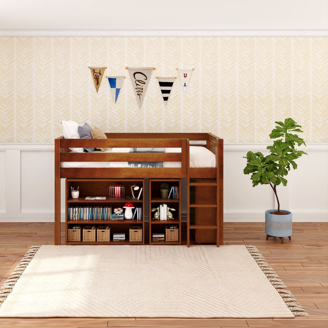 Stylish wooden loft bed with built-in storage shelves in a cozy, modern bedroom.