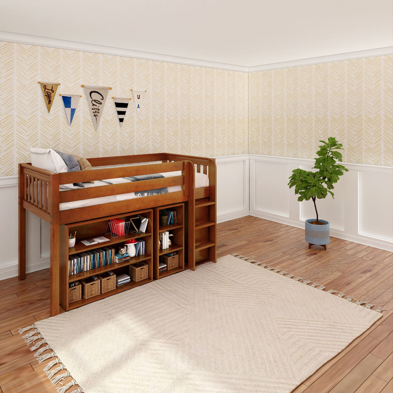 Wooden loft bed with ladder and bookshelf storage in a cozy children's bedroom with decorative wall pennants and a potted plant.