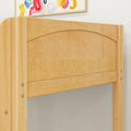 Close-up of light maple wood bed frame headboard with arched panel, natural wood grain, visible metal hardware and minimalist white wall with framed watercolor art