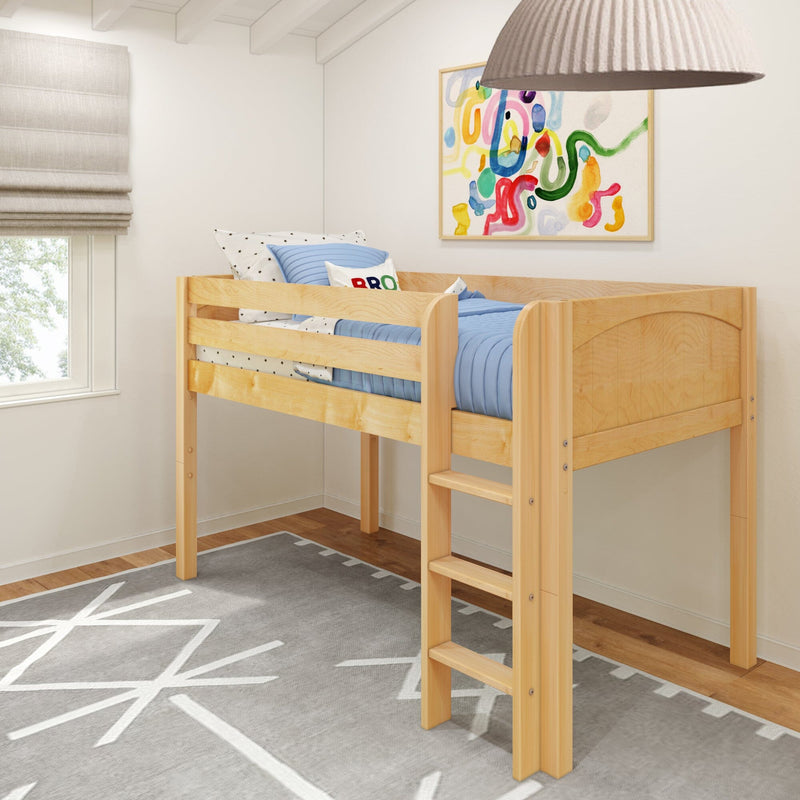 Modern children's loft bed in natural wood with blue bedding, star-pattern pillow, abstract colorful wall art and gray geometric rug in a bright minimalist kids' bedroom