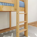 Close-up of natural pine wooden bunk bed ladder with light blue mattress, hardwood floor and gray rug in a modern kids' bedroom