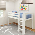 White children's loft bed with ladder and blue bedding in bright modern nursery featuring abstract wall art, pendant light, window roman shade, and gray geometric rug