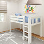 Modern kids bedroom featuring a white loft bed with blue bedding and star-print pillows, colorful abstract wall art, beige pendant light, roman window shade and gray geometric rug — children's room decor and space-saving nursery design.