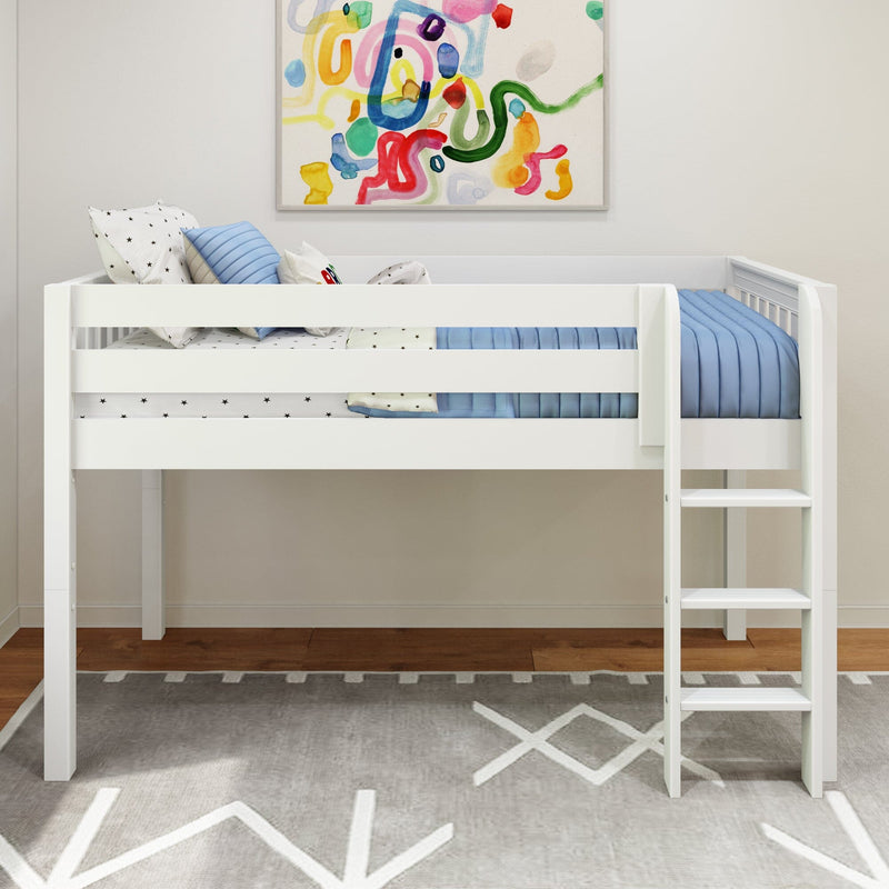 Modern white loft bed with ladder, blue quilted bedding and star-patterned pillows beneath colorful abstract wall art in a neutral children's bedroom with geometric gray rug