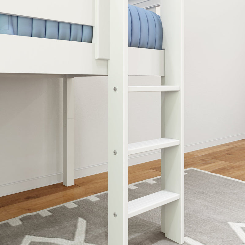 Close-up of white wooden ladder on loft bunk bed with blue mattress, gray patterned rug and hardwood floor