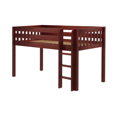 Wooden loft bed with built-in ladder, dark cherry finish, modern design for kids' bedrooms.