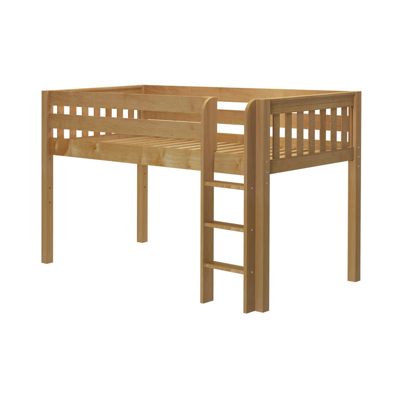 Natural wood loft bed frame with ladder and safety guardrails, slatted platform and sturdy pine finish for small bedrooms
