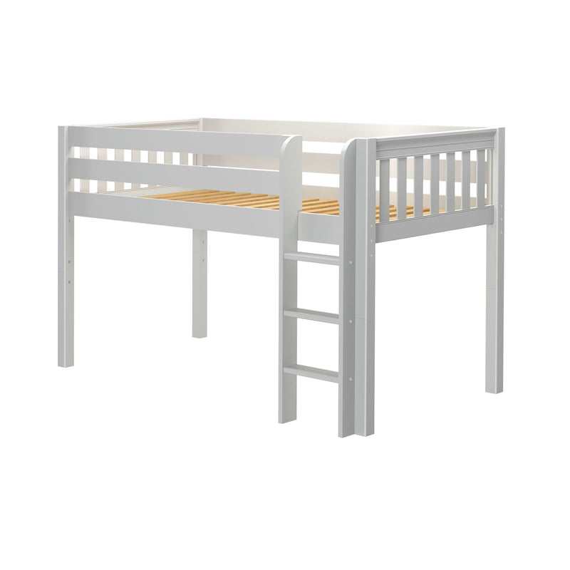 White wooden loft bed frame with ladder, guardrails and slatted mattress support — space-saving twin elevated bed for kids' bedroom