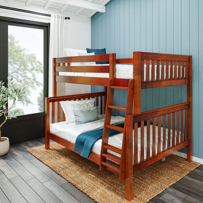 LUSH XL CS : Staggered Bunk Beds Full XL over Queen High Bunk Bed with Angled Ladder, Slat, Chestnut